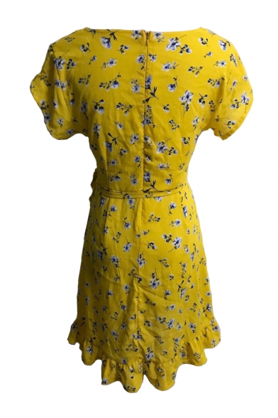 Floral Printed Ruffle Detail V Neck Short Sleeve Mini Asymmetric Dress