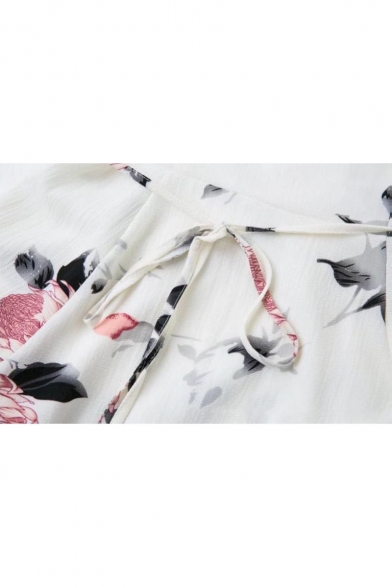 Floral Printed V Neck Short Sleeve Tie Waist Mini A-Line Dress