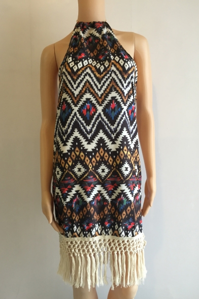 Halter Geometric Printed Sleeveless Tassel Embellished Mini Cami Dress