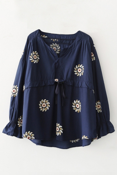 Floral Embroidery V-Neck Ruffle Trim Sleeve Blouse with Bow Tie Front