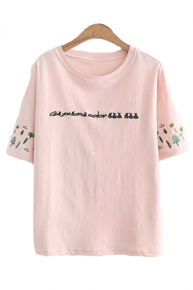 Leisure Letter Tree Embroidered Round Neck Short Sleeve Tee