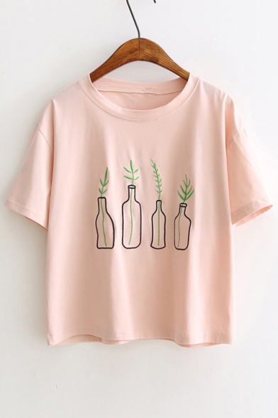 Plant Bottle Embroidered Round Neck Short Sleeve Leisure Tee