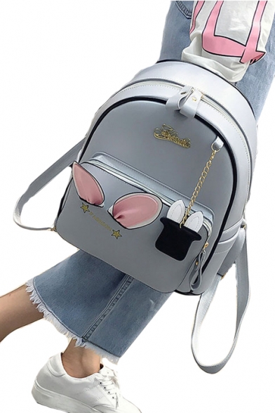 Rabbit Ears Embellished Metal Letter Pattern PU Backpack School Bag