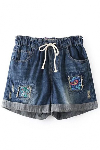 Roll Cuff Floral Embroidered Drawstring Waist Loose Denim Shorts