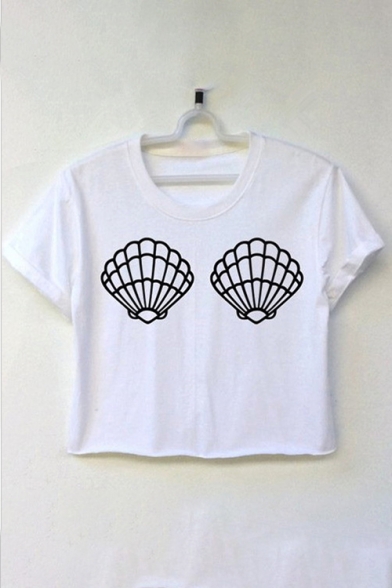 Shell Printed Round Neck Short Sleeve Crop Tee