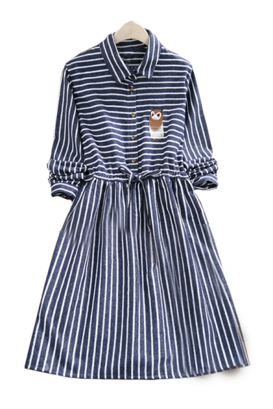 Striped Printed Owl Embroidered Long Sleeve Lapel Collar Button Front Midi A-Line Dress