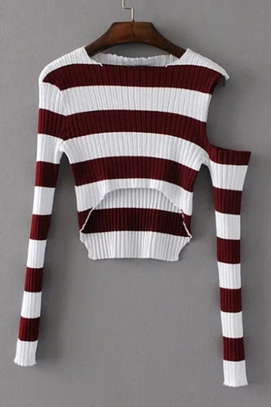 Unique Hollow Out Long Sleeve Round Neck Color Block Striped Printed Crop Sweater