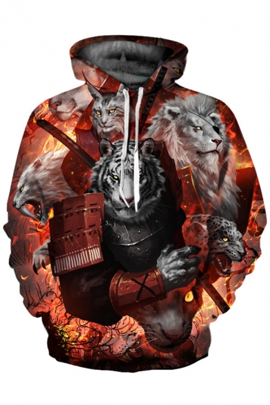 3D Tiger Lion Printed Long Sleeve Hoodie for Couple