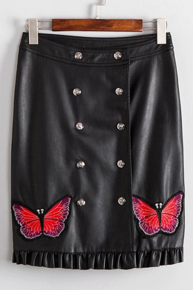 Butterfly Embroidered Double Breasted Ruffle Hem PU Mini Pencil Skirt