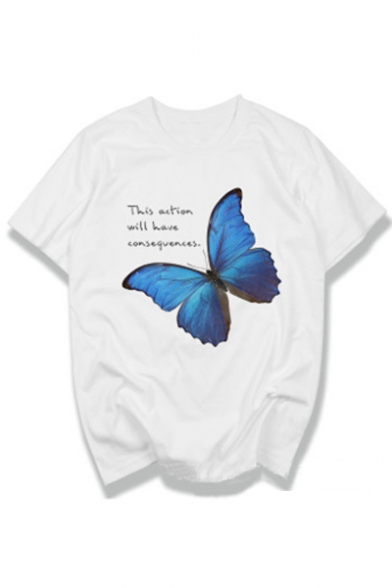 Butterfly Letter Printed Round Neck Short Sleeve Tee