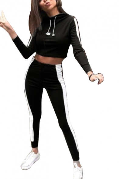 Chic Leisure Color Block Long Sleeve Crop Hoodie with Skinny High Waist Pants Sports Co-ords