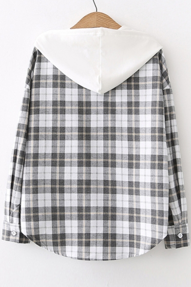 Contrast Hood Plaid Printed Long Sleeve Button Down Hooded Blouse