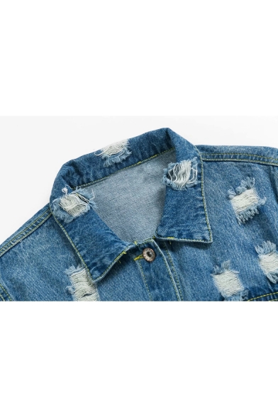 Cut Out Detail Lapel Collar Long Sleeve Button Down Tunic Denim Jacket