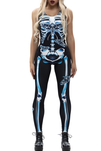 Digital Skeleton Printed V Neck Sleeveless Jumpsuit