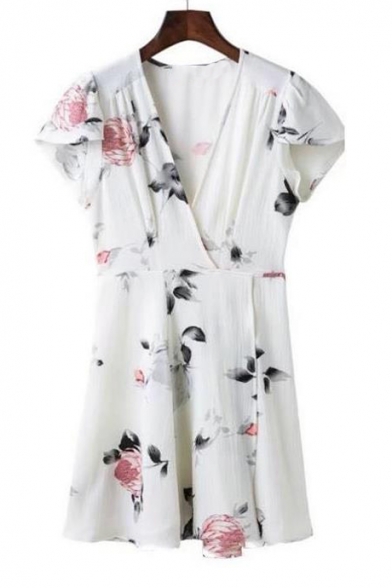 Floral Printed V Neck Short Sleeve Tie Waist Mini A-Line Dress