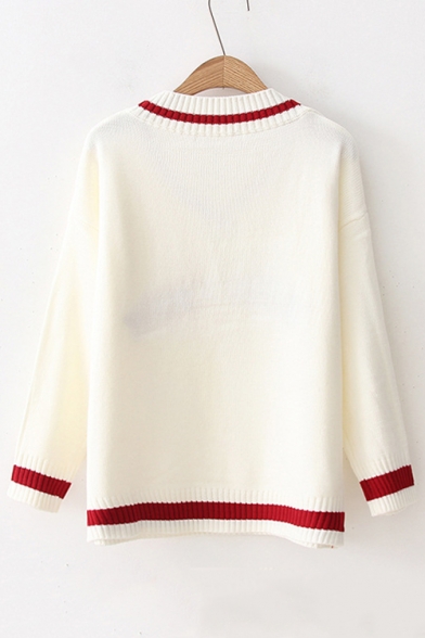 HIGH TEEN Letter Embroidered Contrast Striped Trim V Neck Long Sleeve Sweater