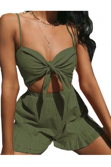 Hollow Out Plain Spaghetti Straps Sleeveless Knotted Front Crop Cami with High Waist Shorts Co-ords