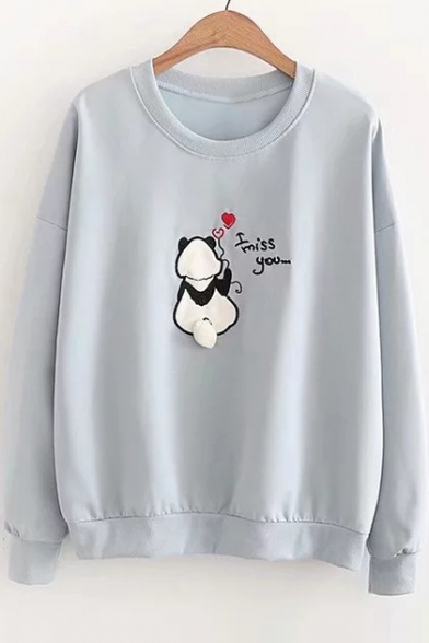 I MISS YOU Letter Panda Embroidered Round Neck Long Sleeve Sweatshirt
