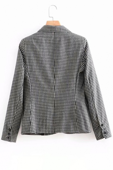 Notched Lapel Collar Plaid Printed Long Sleeve Double Buttons Blazer