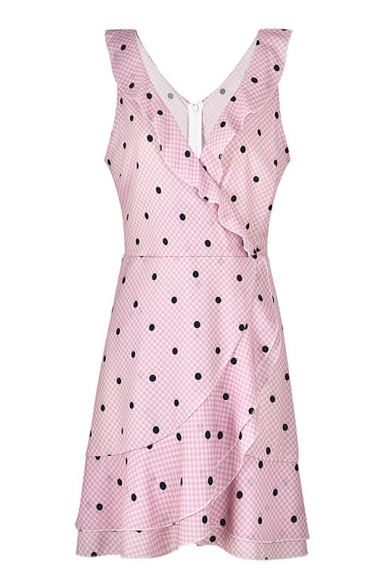 Polka Dot Printed V Neck Sleeveless Ruffle Detail Mini Asymmetric Dress