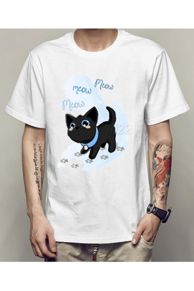 Round Neck Cat MEOW Letter Printed Short Sleeve Tee