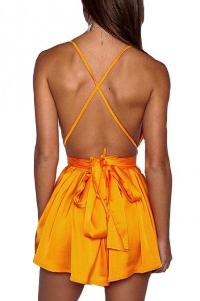 Sexy Crisscross Open Back Spaghetti Straps Plain Mini Cami Dress