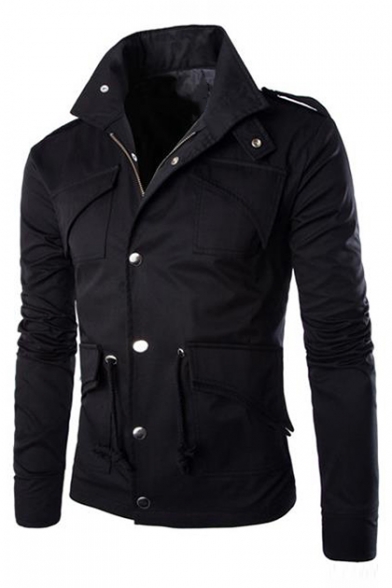 Stand Up Collar Long Sleeve Zip Up Plain Jacket with Pockets