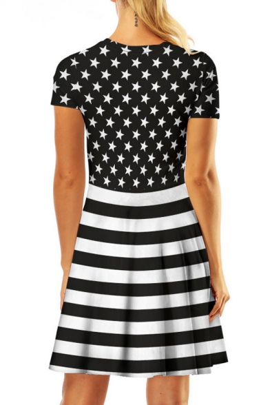 Star Striped Printed Round Neck Short Sleeve Mini A-Line Dress