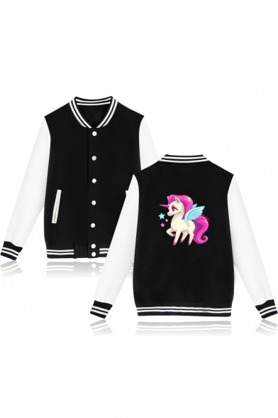Unicorn Printed Contrast Striped Trim Color Block Long Sleeve Button Down Baseball Jacket