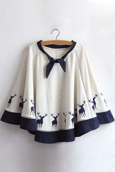 Cute Deer Printed Knotted Round Neck Leisure Cape