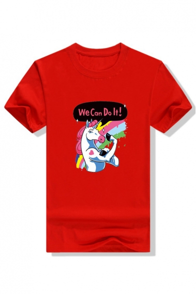 WE CAN DO IT Letter Unicorn Printed Round Neck Short Sleeve Tee