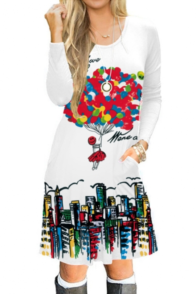 Balloon Building Printed Round Neck Long Sleeve Midi A-Line Dress