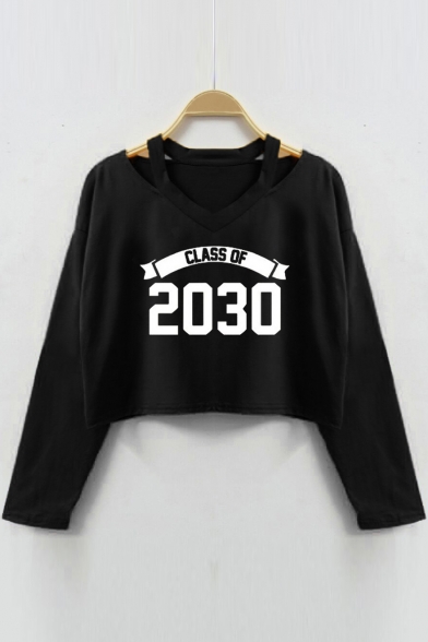 CLASS OF 2030 Letter V Neck Long Sleeve Hollow Out Crop Sweatshirt