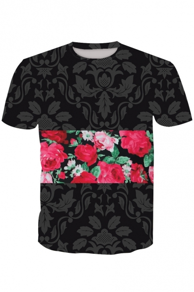 Color Block Floral Printed Round Neck Short Sleeve Tee