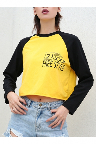 Color Block FREE STYLE Letter Printed Round Neck Long Sleeve Crop Tee
