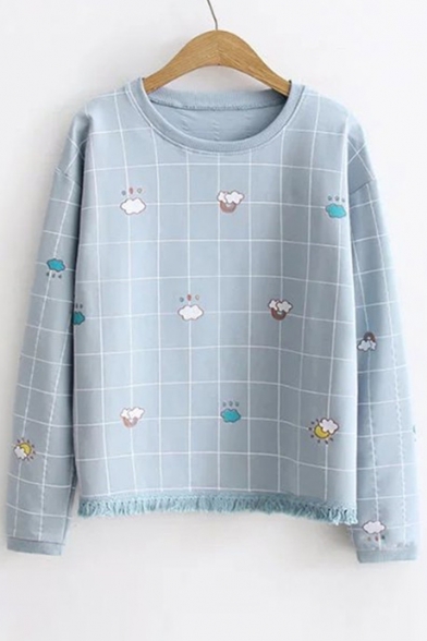 Cute Cartoon Cloud Plaid Printed Round Neck Long Sleeve Tassel Embellished Sweatshirt