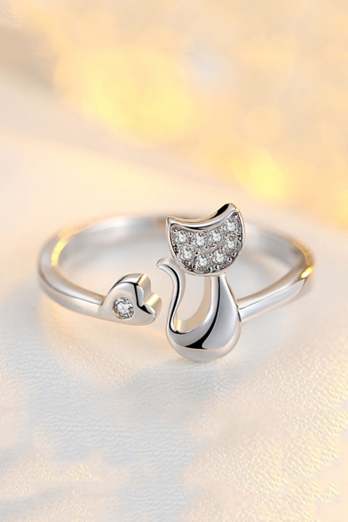 Cute Cat Pattern Diamante Resizable Ring