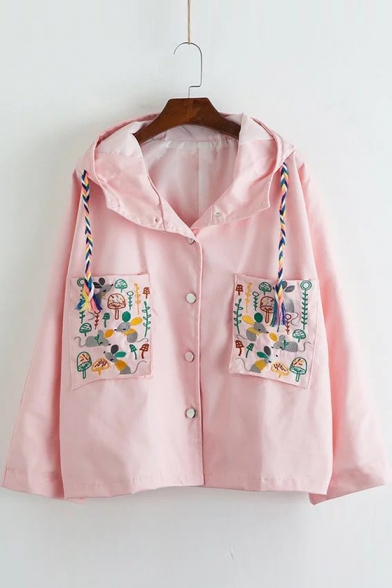 Cute Mouse Embroidered Pocket Long Sleeve Button Down Hooded Coat