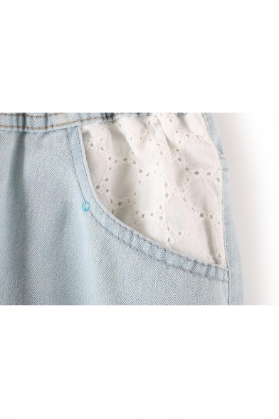Drawstring Waist Lace Insert Fish Embroidered Loose Denim Shorts