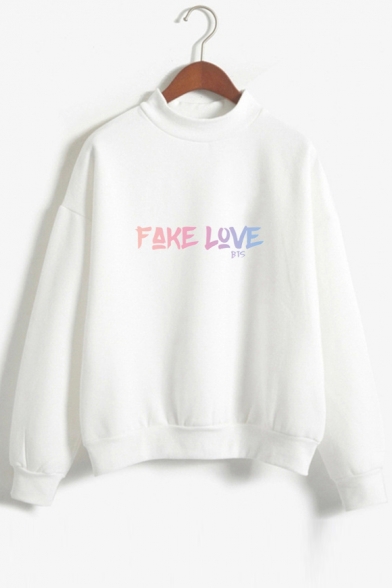 FAKE LOVE Letter Printed Round Neck Long Sleeve Sweatshirt