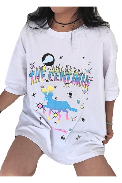 Fancy Colorful Centaur Letter Printed Round Neck Short Sleeve Tee