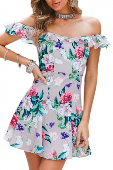 Floral Printed Off The Shoulder Short Sleeve Ruffle Detail Mini A-Line Dress