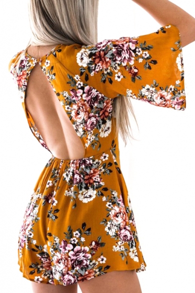 Hollow Out Back Half Sleeve Floral Printed Round Neck Loose Romper