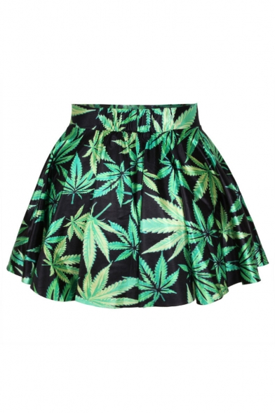 Leaf Printed Elastic Waist Mini A-Line Skirt