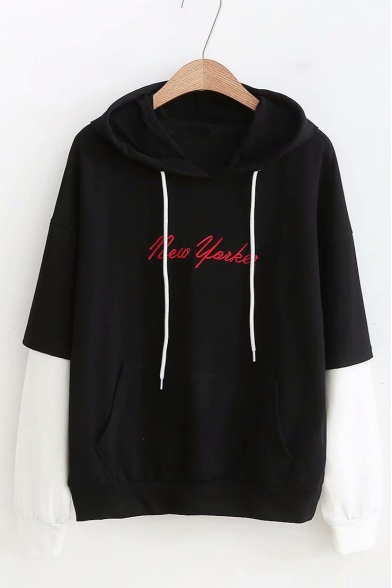 Leisure Letter Embroidered Color Block Long Sleeve Hoodie