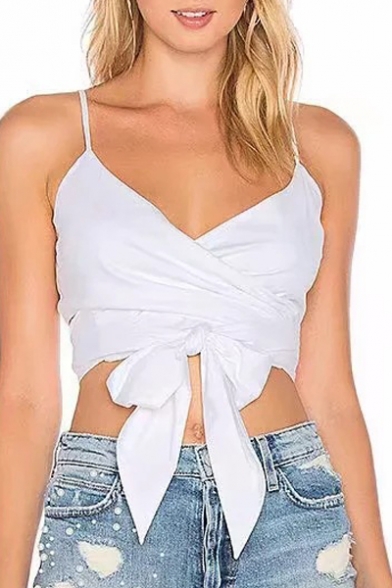 Spaghetti Straps Sleeveless Plain Knotted Front Crop Cami