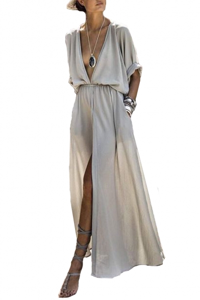 V Neck Half Sleeve Plain Split Front Tie Waist Maxi A-Line Dress