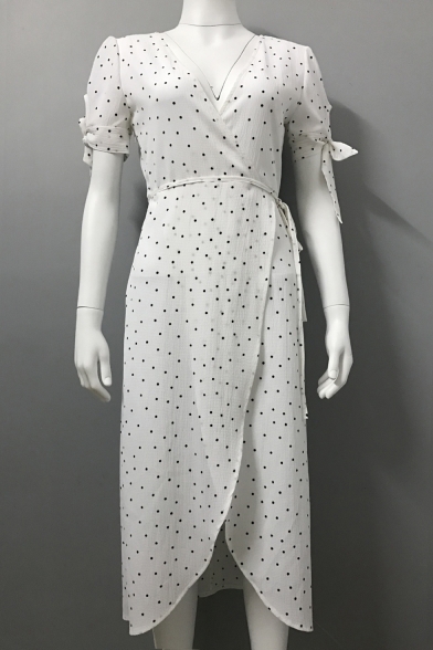 V Neck Short Sleeve Polka Dot Printed Midi Asymmetric Dress