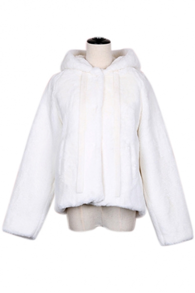 Warm Cat's Ears Embellished Button Down Long Sleeve Fake Fur Hooded Coat