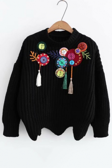 Button Beaded Embellished Applique Round Neck Long Sleeve Sweater